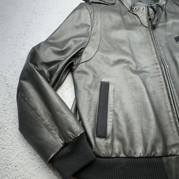 Vintage Cooper Leather Jacket Mens 46 Black Bomber Flight Epaulets Band Hand 80s